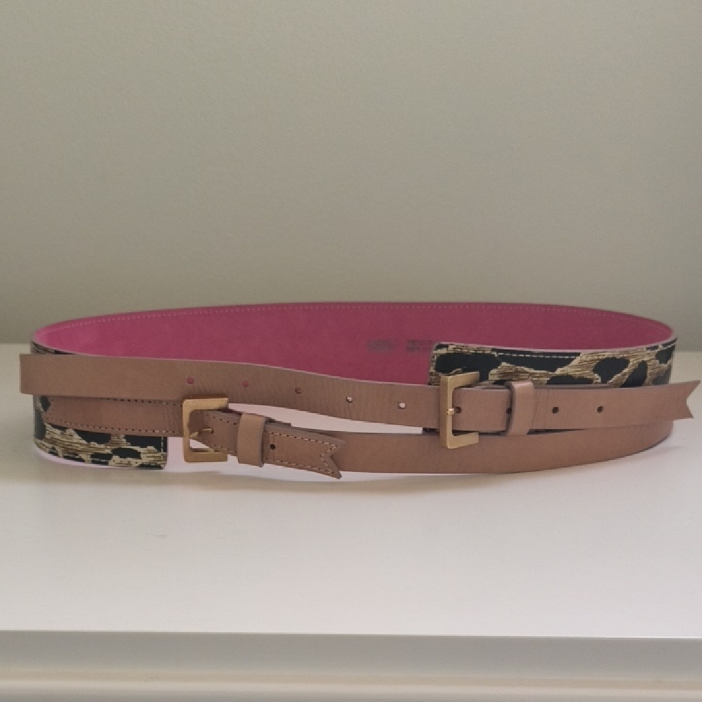 Meredith Wendell Leopard Odd Couple Leather Waist Belt, Size L, New